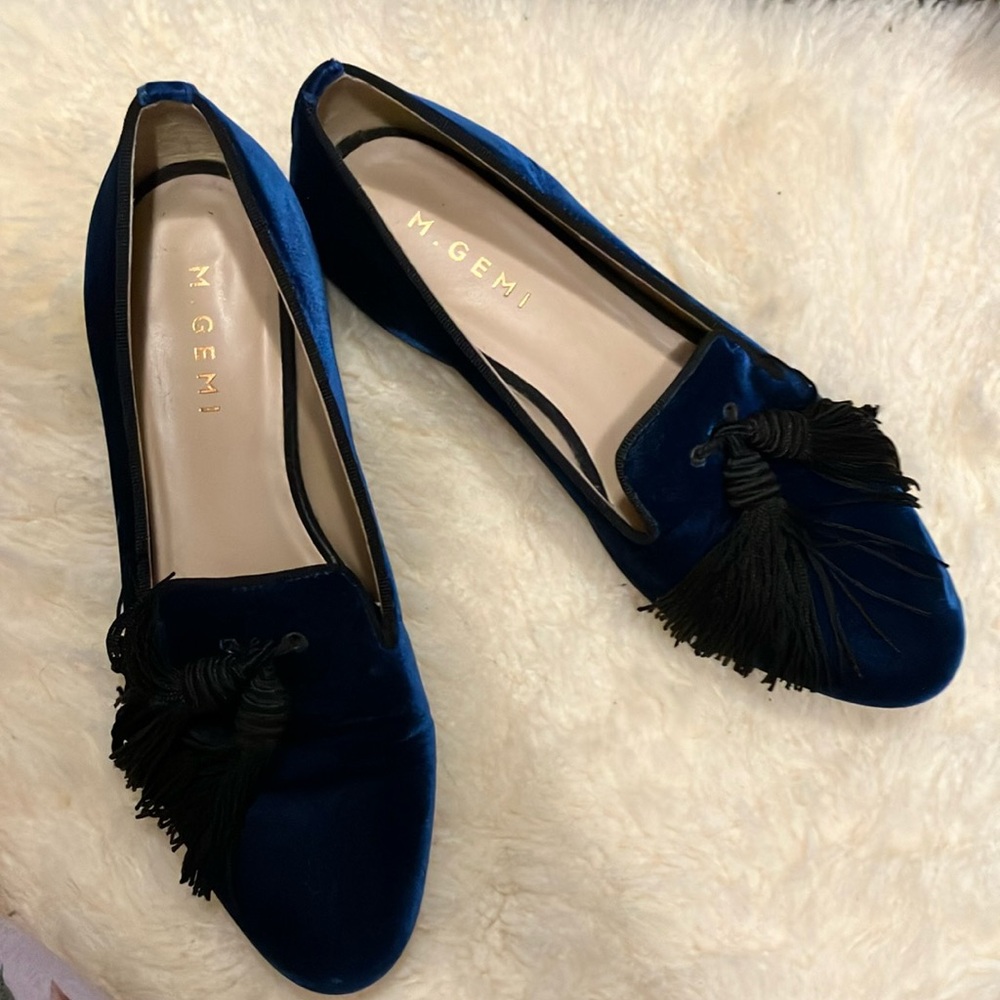 M. Gemi Blue Velvet Tassel Loafers, 38